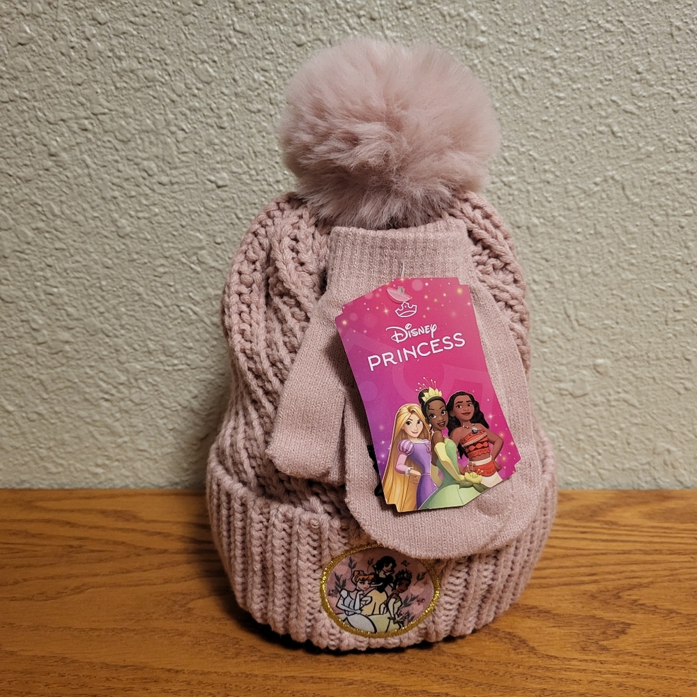NWT Disney Princess Pink Knit Pom Pom Beanie and Mittens